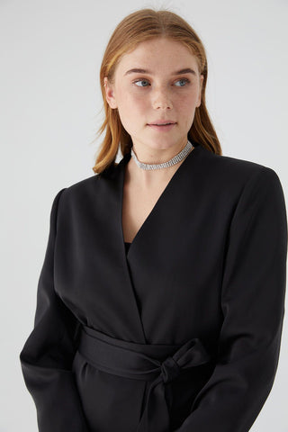 Collarless Belted Satin Blazer Black