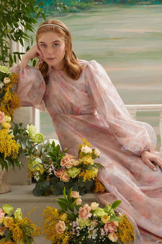 Patterned Organza Evening Dress Powder