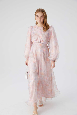 Patterned Organza Evening Dress Powder