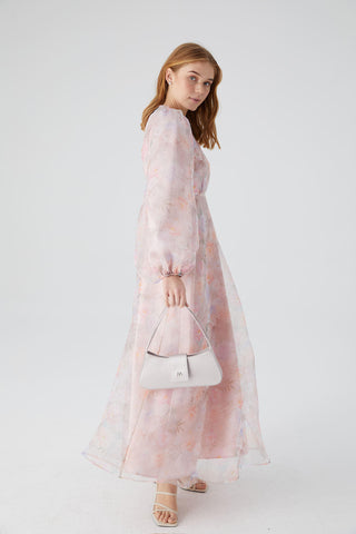 Patterned Organza Evening Dress Powder