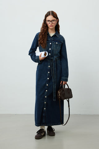 1975 Belted Denim Dress Blue