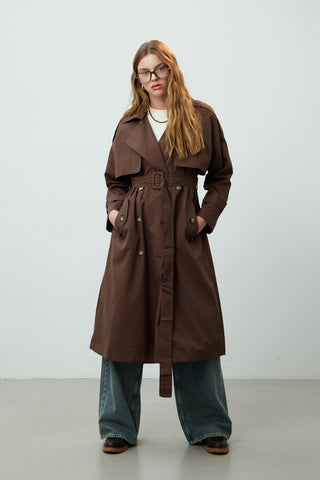 Double-Breasted Trench Coat With Buttons Dark Brown