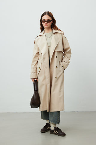 Double-Breasted Trench Coat With Buttons Beige