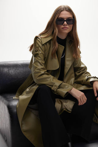 Double-Breasted Leather Trench Coat Khaki