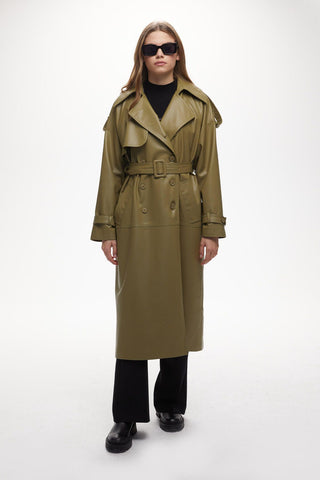 Double-Breasted Leather Trench Coat Khaki