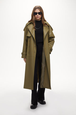 Double-Breasted Leather Trench Coat Khaki