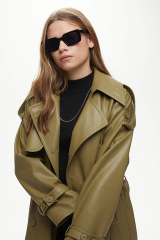 Double-Breasted Leather Trench Coat Khaki