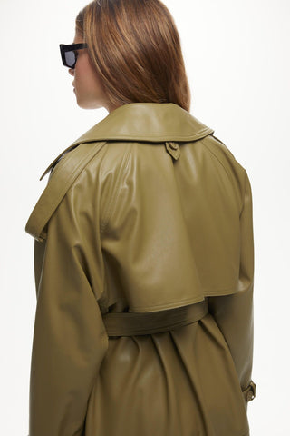 Double-Breasted Leather Trench Coat Khaki