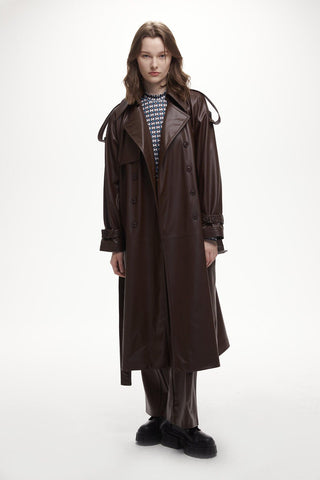 Double-Breasted Leather Trench Coat Brown