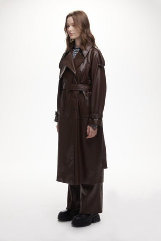 Double-Breasted Leather Trench Coat Brown