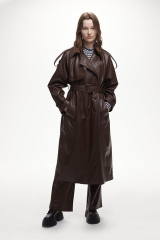 Double-Breasted Leather Trench Coat Brown