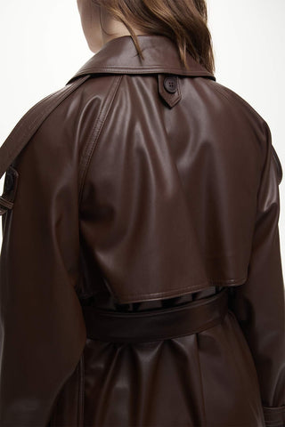 Double-Breasted Leather Trench Coat Brown