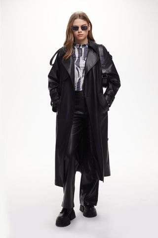 Double-Breasted Leather Trench Coat Black