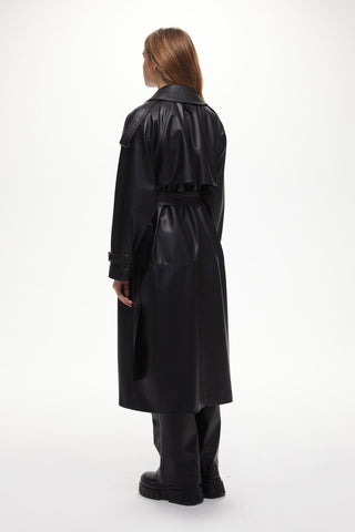 Double-Breasted Leather Trench Coat Black