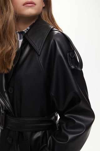 Double-Breasted Leather Trench Coat Black