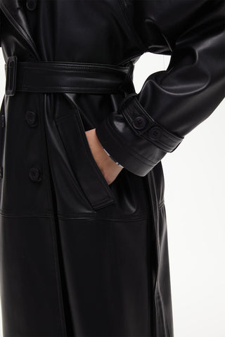 Double-Breasted Leather Trench Coat Black