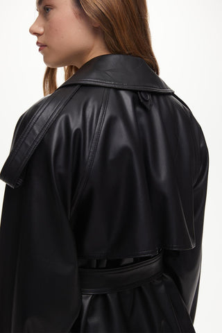 Double-Breasted Leather Trench Coat Black