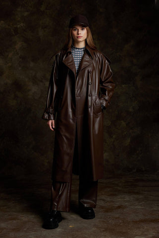 Double-Breasted Leather Trench Coat Brown