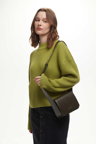 Square Leather Bag With Wide Pockets Khaki