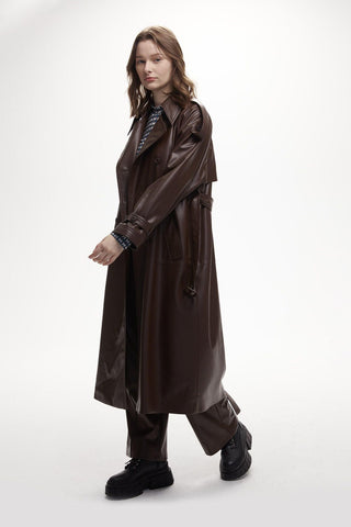 Double-Breasted Leather Trench Coat Brown