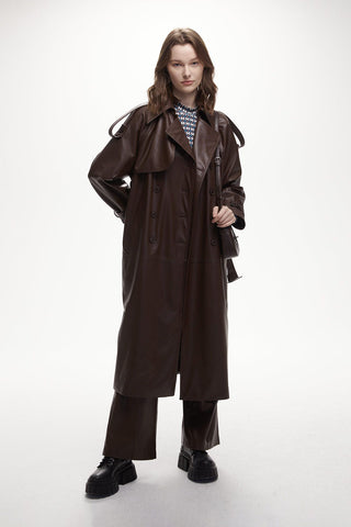 Double-Breasted Leather Trench Coat Brown