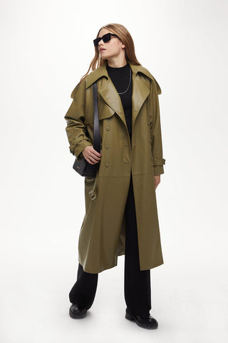 Double-Breasted Leather Trench Coat Khaki