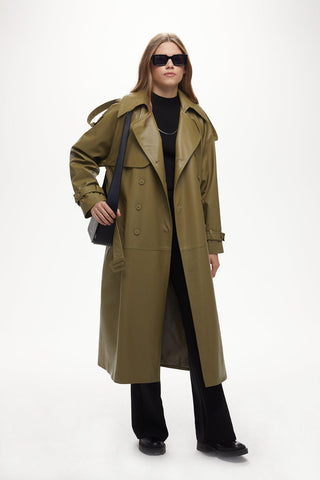 Double-Breasted Leather Trench Coat Khaki