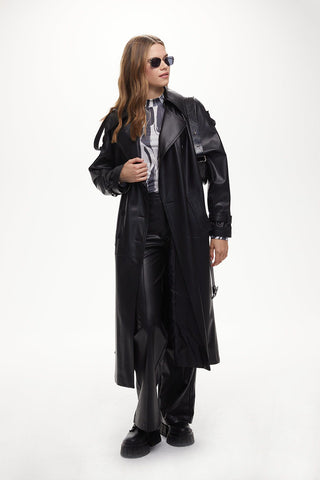 Double-Breasted Leather Trench Coat Black