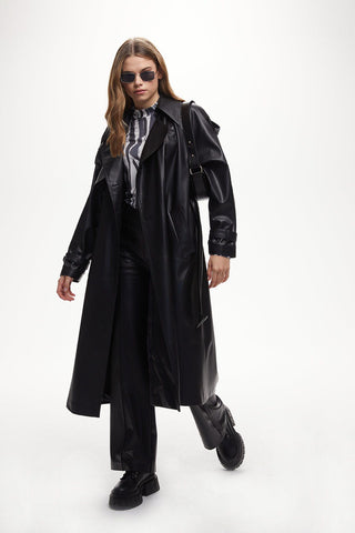 Double-Breasted Leather Trench Coat Black