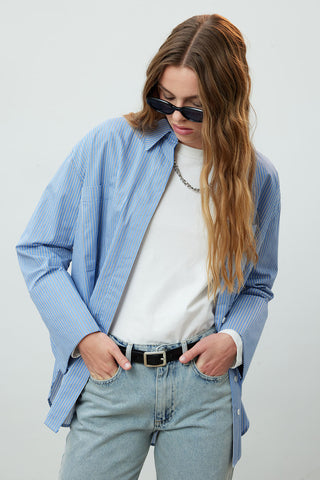 Wide Cuff Striped Shirt Blue