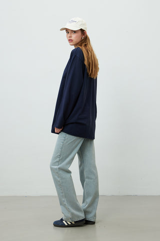 Oversize Cotton Long Sleeve T-Shirt Navy Blue