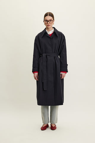 Oversized Belted Gabardine Trench Navy Blue