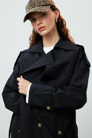 Double-Breasted Trench Coat With Buttons Black