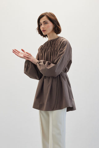 Shirred Collar Tunic Brown