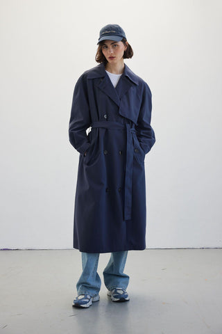 Double-Breasted Trench Coat Navy Blue