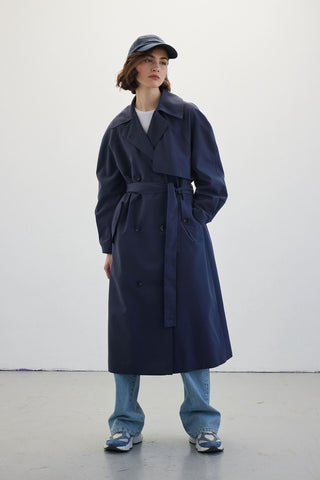 Double-Breasted Trench Coat Navy Blue