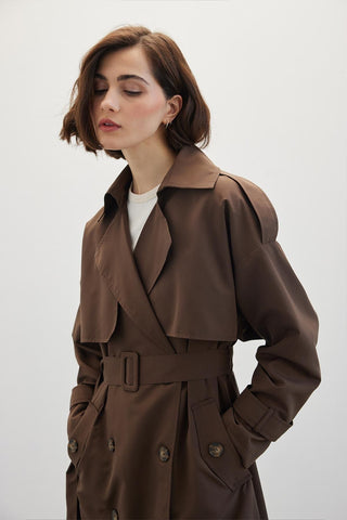 Double-Breasted Trench Coat With Buttons Dark Brown