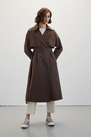 Double-Breasted Trench Coat With Buttons Dark Brown