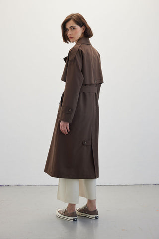 Double-Breasted Trench Coat With Buttons Dark Brown