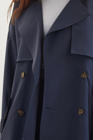 Double-Breasted Trench Coat With Buttons Navy Blue