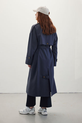 Double-Breasted Trench Coat With Buttons Navy Blue