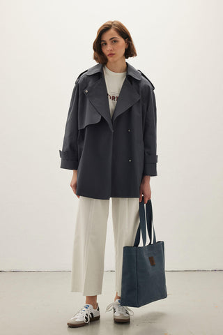Oversize Short Trench Coat Navy Blue