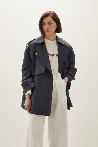 Oversize Short Trench Coat Navy Blue