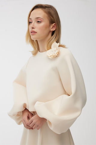 Brooch Detailed Balloon Sleeve Blouse Beige
