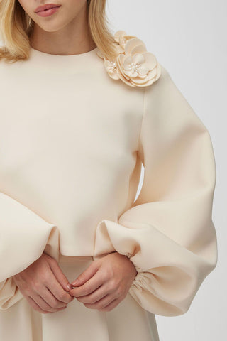 Brooch Detailed Balloon Sleeve Blouse Beige