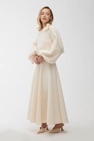 Brooch Detailed Balloon Sleeve Blouse Beige