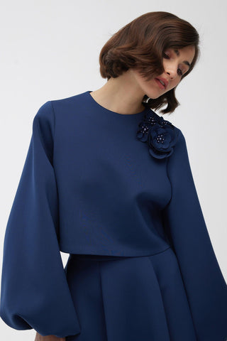 Brooch Detailed Balloon Sleeve Blouse Midnight Blue