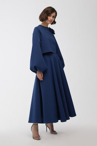 Brooch Detailed Balloon Sleeve Blouse Night Blue