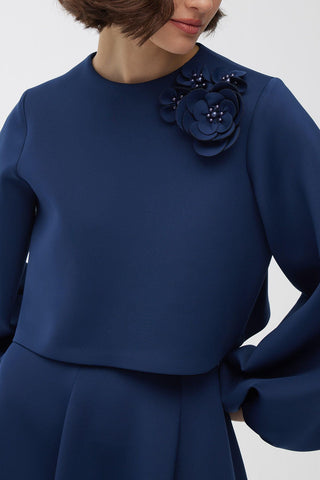 Brooch Detailed Balloon Sleeve Blouse Midnight Blue