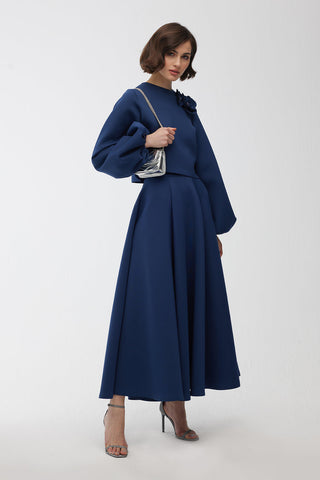 Brooch Detailed Balloon Sleeve Blouse Night Blue